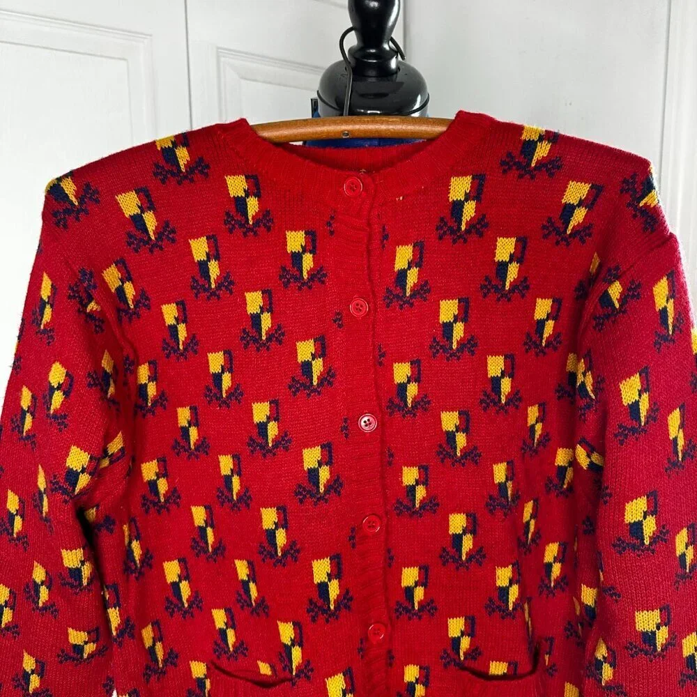 Vintage Women's Hasting & Smith Petites Red Heraldic Button Up Cardigan Size MED